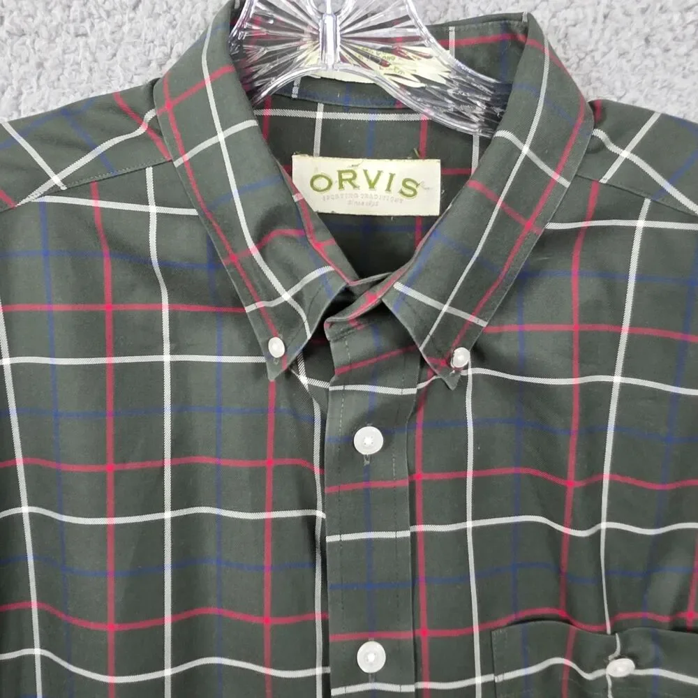 Orvis Men's Green Multi Check Button Down Long Sleeve Cotton Size L